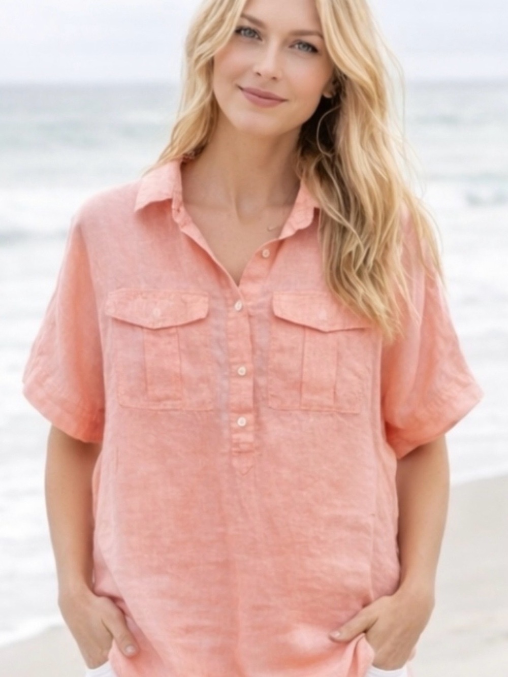 J. Crew Baird Mcnutt Irish Linen Popover Shirt Coral Size 4